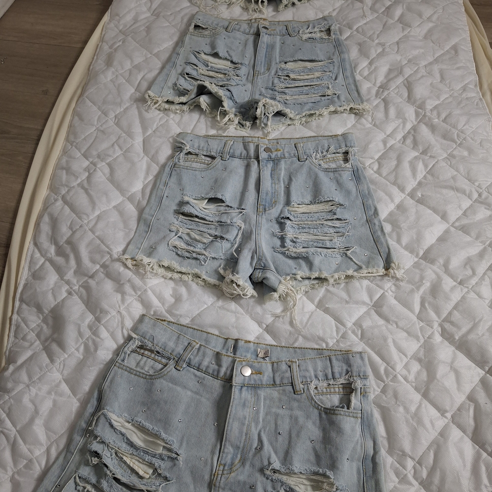 Light Blue Women’s Denim Shorts Distressed Ripped Rhinestone High Waist